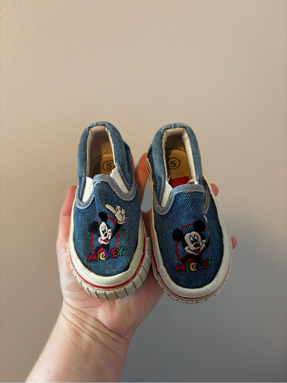 Disney Mickey Mouse Denim Slip-On Sneakers - Blue with Red & White Accents